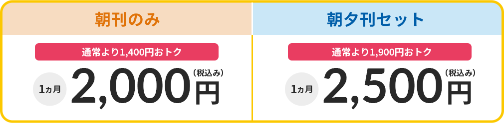 朝刊のみは1か月2,000円（税込み）で通常より1,400円おトク　朝夕刊セットは1か月2,500円（税込み）で通常より1,900円おトク