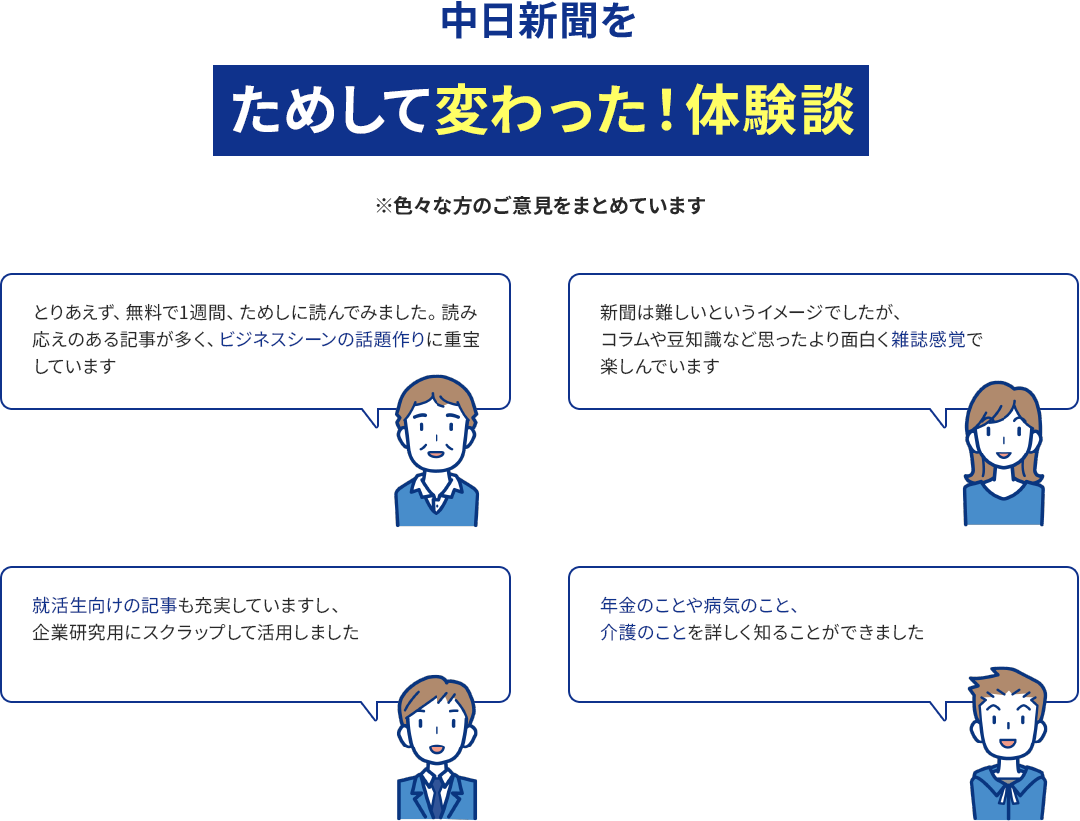中日新聞をためして変わった！体験談 ※色々な方のご意見をまとめています　とりあえず、無料で1週間、ためしに読んでみました。読み応えのある記事が多く、ビジネスシーンの話題作りに重宝しています 新聞は難しいというイメージでしたが、コラムや豆知識など思ったより面白く雑誌感覚で楽しんでいます 就活生向けの記事も充実していますし、企業研究用にスクラップして活用しました 年金のことや病気のこと、介護のことを詳しく知ることができました
